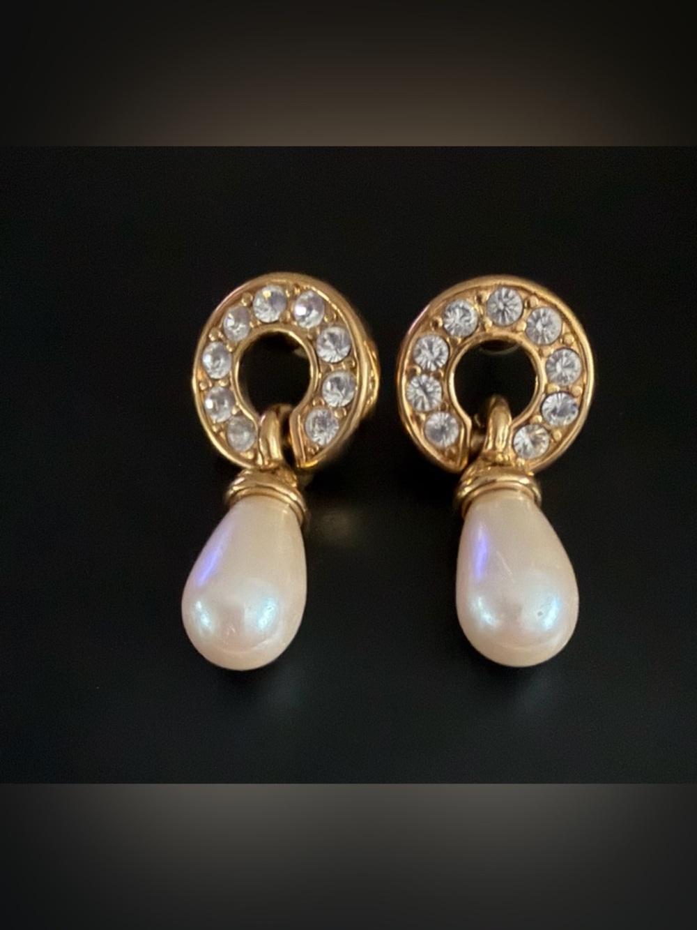 Vintage Monet Gold-Tone Pearl Drop Earrings with Crystal Halo